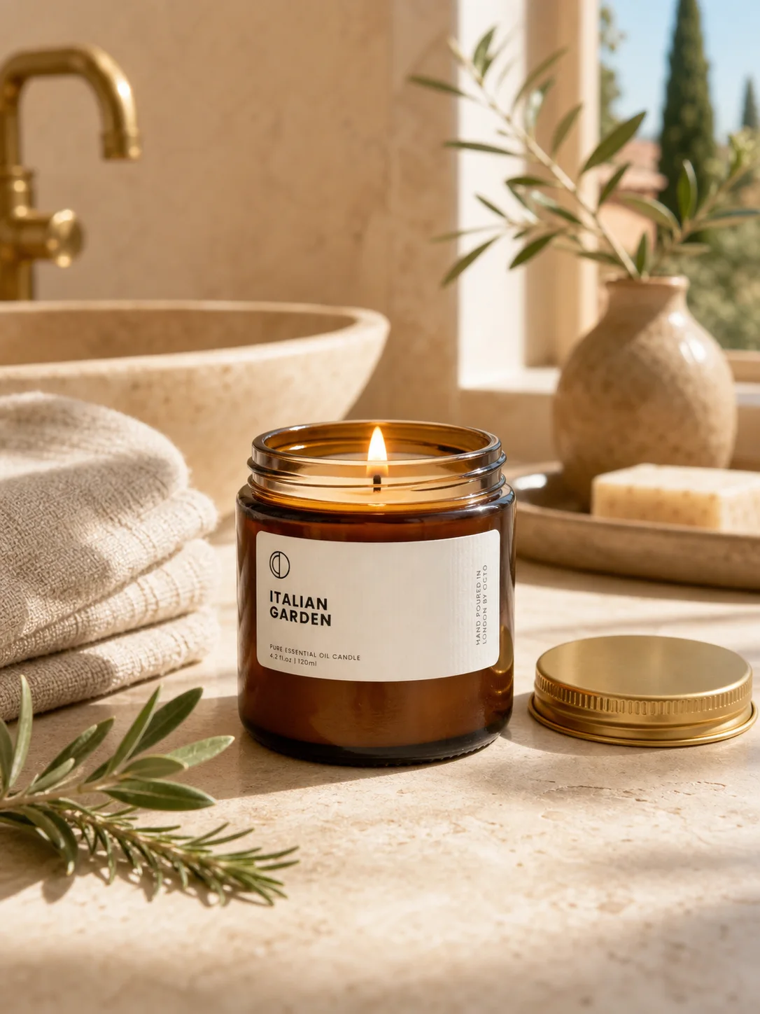 Italian Garden candle staged on a sunlit stone bathroom counter