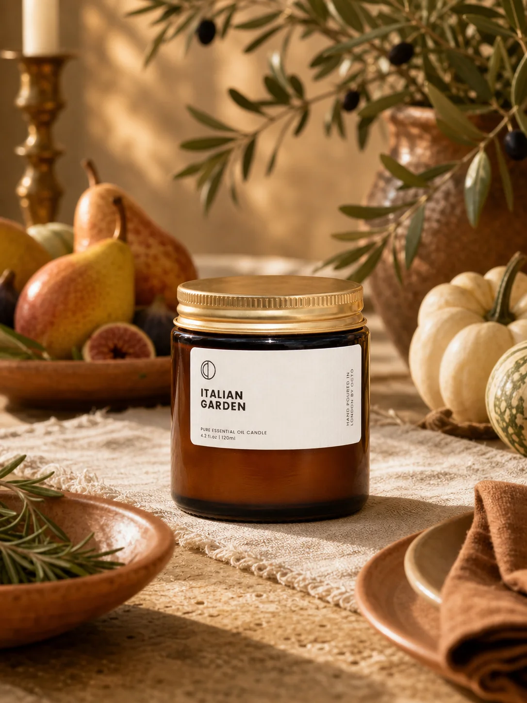 Italian Garden candle staged on a Thanksgiving harvest table