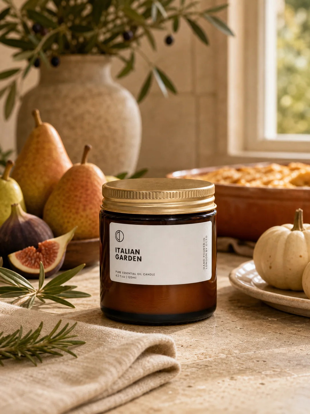 Italian Garden candle staged in a bright Thanksgiving morning kitchen