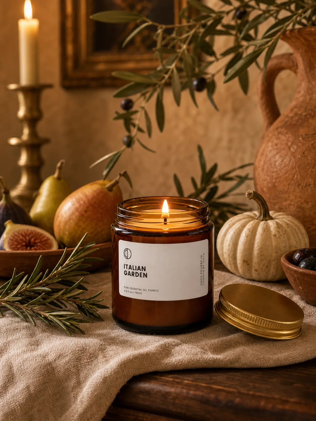 Lit Italian Garden candle staged on a candlelit Thanksgiving sideboard
